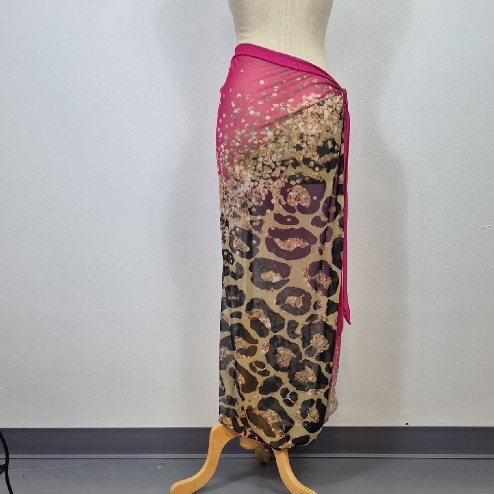 Beach Cover Up Skirt Women's XL Midi Pink & Leopard Animal Print Stretch Mesh